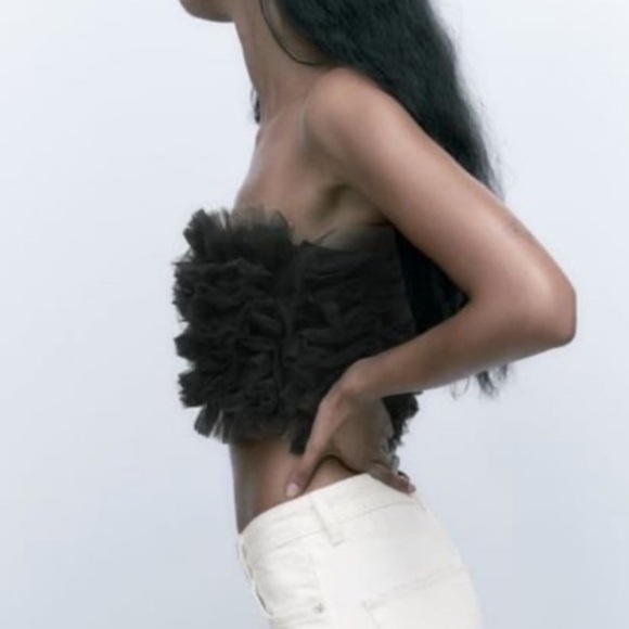 ZARA Black Tulle Ruffle Strapless Crop Top - Picture 9 of 9